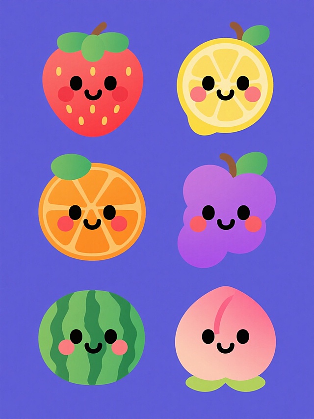 六个不同颜色纯色背景上规整排布的系列卡通水果头像集合，每个水果头像均采用圆润可爱的Q版风格，具有光滑渐变的表面质感、椭圆形黑色眼睛、微笑弧线嘴巴和脸颊红晕，搭配绿色叶子装饰及彩色线条边框元素，保持一致的简约扁平化设计语言和活泼氛围，水果种类分别为红色草莓、黄色柠檬、紫色葡萄、橙色橙子、绿色西瓜和粉色桃子，整体构图平衡且视觉统一。