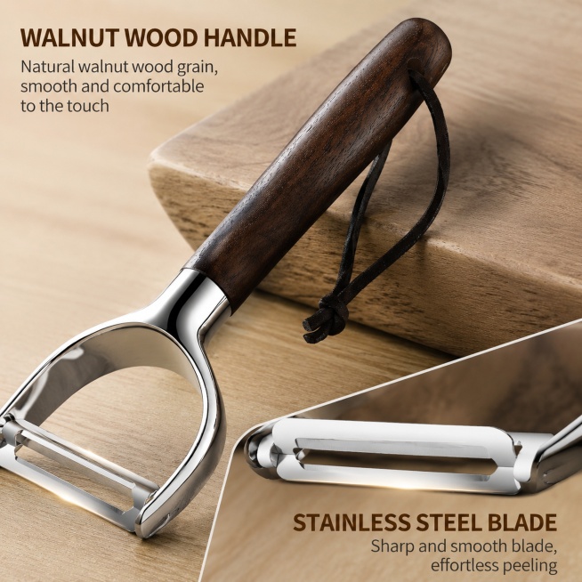 [主图-3] Close-up detail showcase of walnut wood handle and stainless steel blade. Keep the product ma预览效果