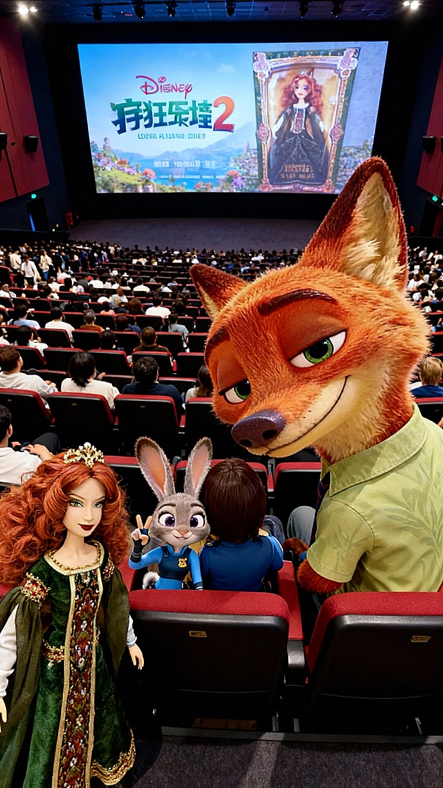 请将图1和图2的人物融合成一张俯拍自拍照，画面构图紧凑，主体靠得很近，头部略微上仰，眼神直视镜头，营造出强烈的视觉冲击力，背景为超大电影院坐满了观众，三人背对银幕，银幕显示《疯狂动物城2》电影精美海报填满屏幕。