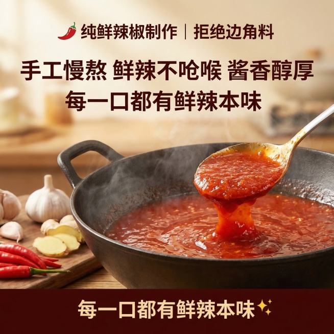产品垫图，原味辣椒酱特写，辣椒酱质地细腻透亮、色泽鲜红，旁边摆放新鲜红辣椒和大蒜，铁锅慢熬烹饪氛围感，整体暖色调风格。顶部居中放置加粗红棕色文案"🌶️ 纯鲜辣椒制作｜拒绝边角料"，中间居中放置加粗红预览效果