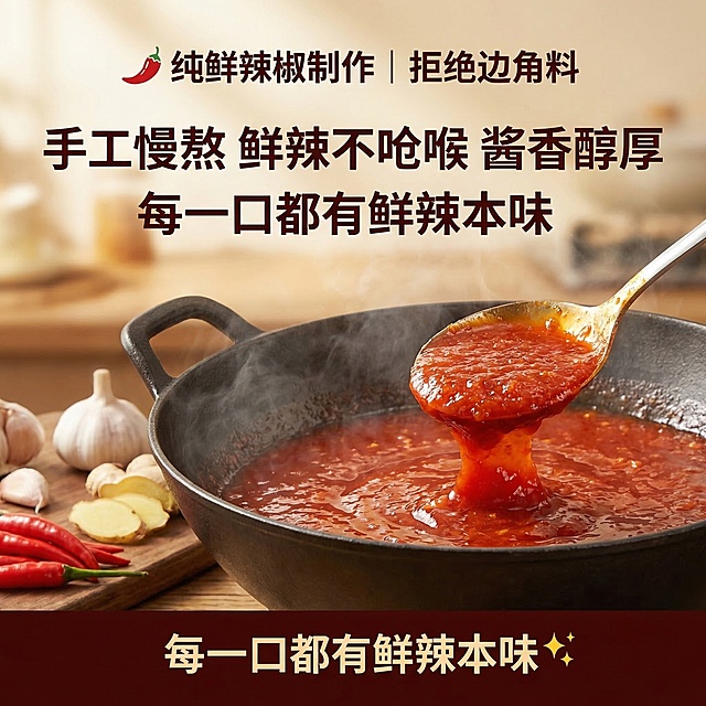 产品垫图，原味辣椒酱特写，辣椒酱质地细腻透亮、色泽鲜红，旁边摆放新鲜红辣椒和大蒜，铁锅慢熬烹饪氛围感，整体暖色调风格。顶部居中放置加粗红棕色文案"🌶️ 纯鲜辣椒制作｜拒绝边角料"，中间居中放置加粗红棕色文案"手工慢熬 鲜辣不呛喉 酱香醇厚"，底部居中放置加粗红棕色文案"每一口都有鲜辣本味✨"，字体加粗，文案直接悬浮在背景上方，突出鲜辣质感