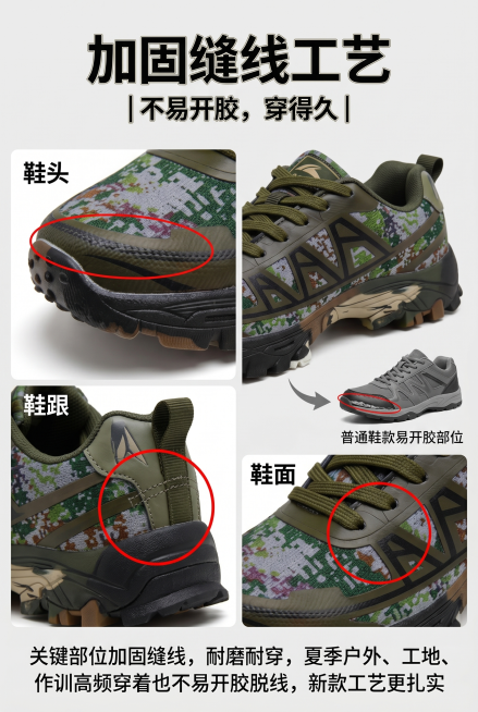 主标题“加固缝线工艺”，副标题“不易开胶，穿得久”，核心文案“关键部位加固缝线，耐磨耐穿，夏季户外、工地、作训高频穿着也不易开胶脱线，新款工艺更扎实”，鞋头、鞋跟、鞋面缝线特写，对比普通鞋款易开胶部位预览效果