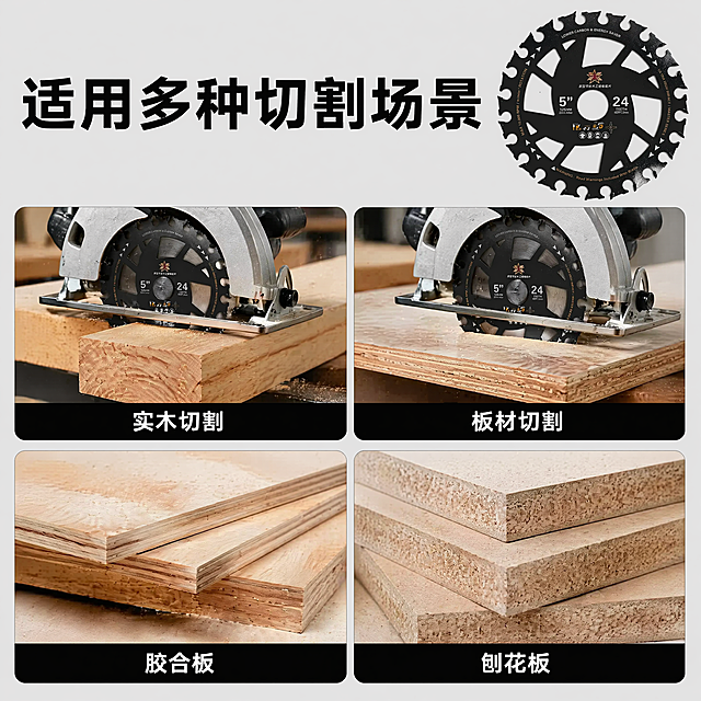 [主图-4] 锯片适用场景展示图；保持锯片外观物理结构材质颜色与输入产品图绝对一致，杜绝任何变形色差，精细化处理。氛围风格：实用场景化，清晰展示适配范围；画质：商业摄影质感，干净清晰，信息明确；画面布局：顶部大标题，下方四宫格展示适用场景，锯片主图放在标题右侧小图位；光影：整体均匀柔光，每个场景图清晰明亮；配色：背景浅灰色，标题黑色，场景标签金色；视角构图：上下结构，满版排布信息饱满；文字版式：顶部通栏大标题“适用多种切割场景”，黑色加粗，右侧叠加锯片小主图；下方四个宫格均匀排列，每个宫格内是场景图加底部标签：第一格“实木切割”，第二格“板材切割”，第三格“胶合板”，第四格“刨花板”，每个标签黑底白字清晰标注；比例分辨率：1:1比例，4k分辨率，文字清晰锐利，画面超高清；负向提示词：变形，水印，文字错乱，锯片变色，场景模糊，比例失调。