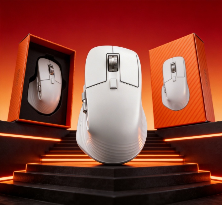 主体为鼠标，搭配同产品的橙色斜纹包装盒，一个打开露出内部鼠标，一个闭合。场景是带有橙色灯带的深色阶梯展示台，背景是渐变暖橙红色。风格为高端产品商业摄影，质感精致高级。色调以暖橙红与深黑为主，对比鲜明。预览效果