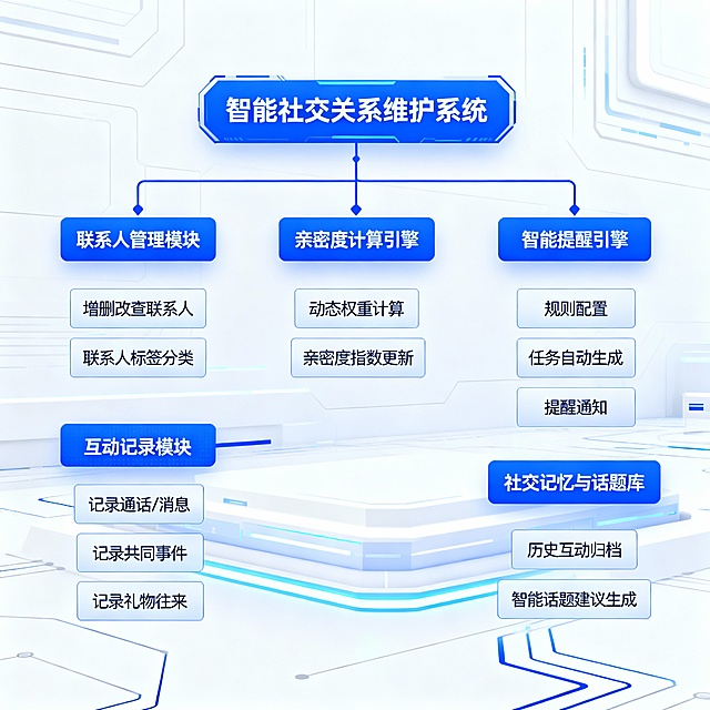 智能社交关系维护系统
├── 联系人管理模块
│   ├── 增删改查联系人
│   └── 联系人标签分类
├── 互动记录模块
│   ├── 记录通话/消息
│   ├── 记录共同事件
│   └── 记录礼物往来
├── 亲密度计算引擎
│   ├── 动态权重计算
│   └── 亲密度指数更新
├── 智能提醒引擎
│   ├── 规则配置（如：X天未联系）
│   ├── 任务自动生成
│   └── 提醒通知
└── 社交记忆与话题库
    ├── 历史互动归档
    └── 智能话题建议生成，以此生成数据库功能模块图