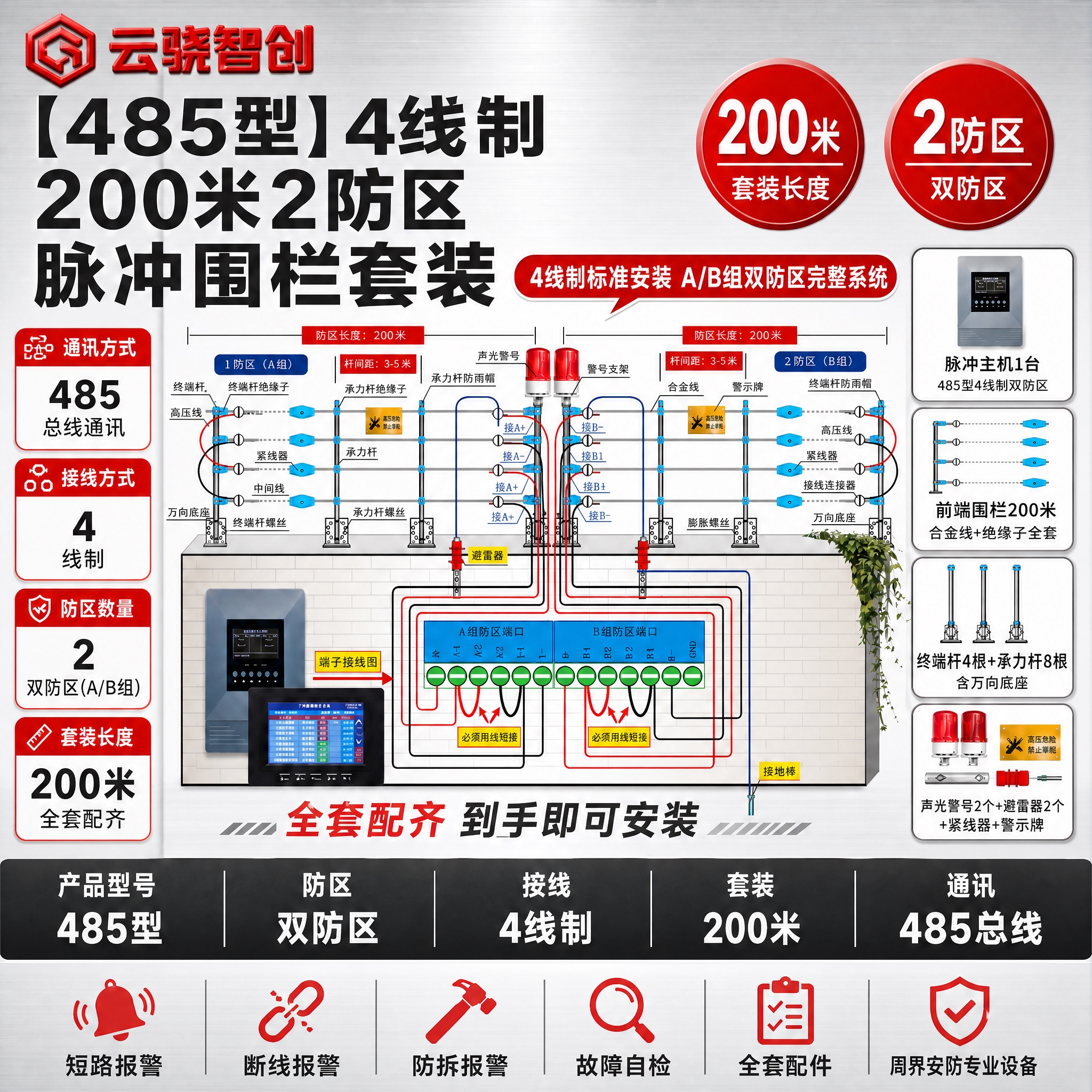 [单张主图] 【485型】4线制【200米】2防区脉冲围栏套装… - 图片创意预览