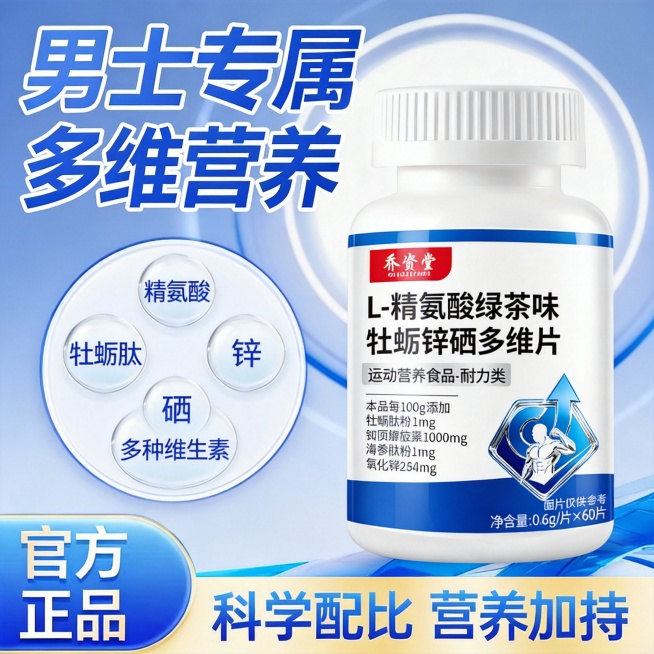 生成第五张电商主图，产品是运动营养耐力类食品乔资堂L-精氨酸绿茶味牡蛎锌硒多维片，参考图7的版式风格，男士专属营养主题，浅蓝渐变科技背景，产品瓶身在右侧，左侧圆形标签展示全部核心营养成分：精氨酸、牡蛎预览效果