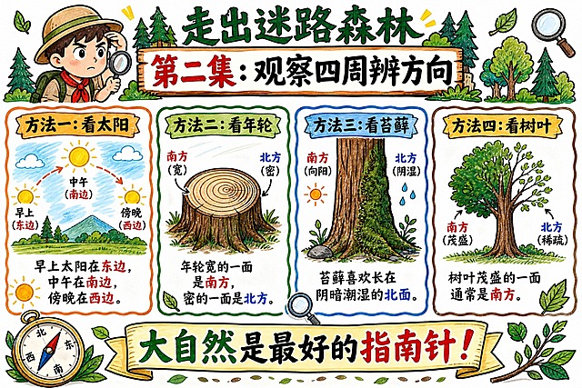 A hand-drawn marker-style Chinese hand-copied newspaper (手抄报) - Part 2 of a 4-part series "走出迷路森林" (Getting Out of the Lost Forest). Title: "观察四周辨方向". Marker style, pure white background, adventure and educational atmosphere. A4 horizontal layout (297x210mm).

Layout structure:
- Top center: series title "走出迷路森林" with forest decoration. Episode label "第二集：观察四周辨方向" in big bold font. The little explorer boy now looks more determined, looking around carefully.

- Left section: "方法一：看太阳" box - using the sun to tell direction. Illustration: sun in the sky with arrows showing east in morning, south at noon, west in afternoon. Text explanation: "早上太阳在东边，中午在南边，傍晚在西边。"

- Middle-left section: "方法二：看年轮" box - using tree stump rings to tell direction. Illustration: a tree stump with rings, showing wider spacing on south side. Text: "年轮宽的一面是南方，密的一面是北方。"

- Middle-right section: "方法三：看苔藓" box - using moss to tell direction. Illustration: tree trunk with moss growing on the north side. Text: "苔藓喜欢长在阴暗潮湿的北面。"

- Right section: "方法四：看树叶" box - using leaves to tell direction. Illustration: tree with lusher leaves on south side. Text: "树叶茂盛的一面通常是南方。"

- Bottom banner: "大自然是最好的指南针！" with compass and leaf decorations.

Decorative elements: trees, sun, compass, moss, leaves, tree stump, magnifying glass icons scattered around. Hand-drawn wavy borders around each section.

All text in Chinese. Style: authentic marker pen hand-drawn feel with visible marker strokes, bold black outlines, nature color palette of green, brown, yellow, blue. Clean white paper background with subtle paper texture. All text areas filled with complete Chinese content - no blank boxes or empty placeholders. Layout is balanced, educational and fun.