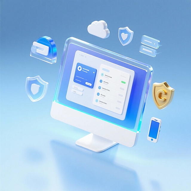 未来感科技界面，3D轻拟物设计，玻璃质感与光影交融，清透体积感十足，展现智能安全守护场景。