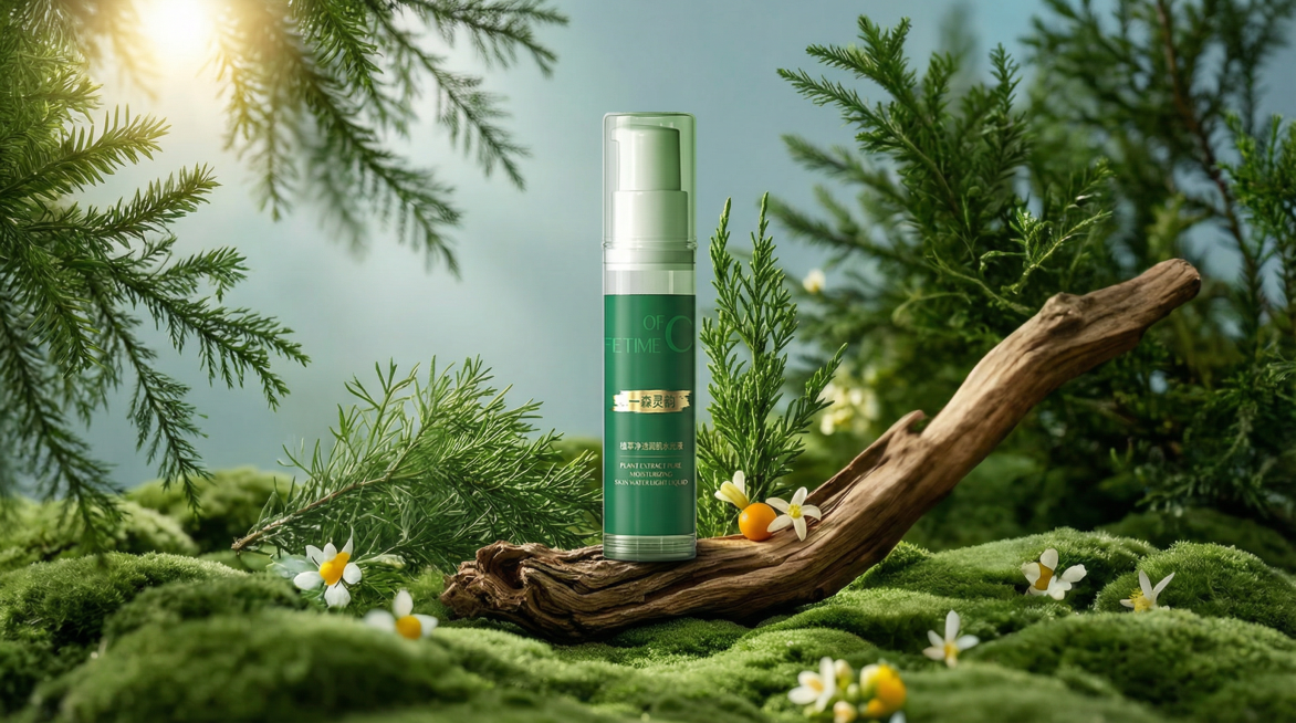 将图一（背景图）中的旧产品替换为图二的植萃净透润肌水光液，去掉图一底部所有文案，保持原图环境布局完全不变，仅替换主体。图二产品是绿色瓶身透明设计的护肤精华液，带有金色文字标识。精准匹配原场景透视角度，预览效果