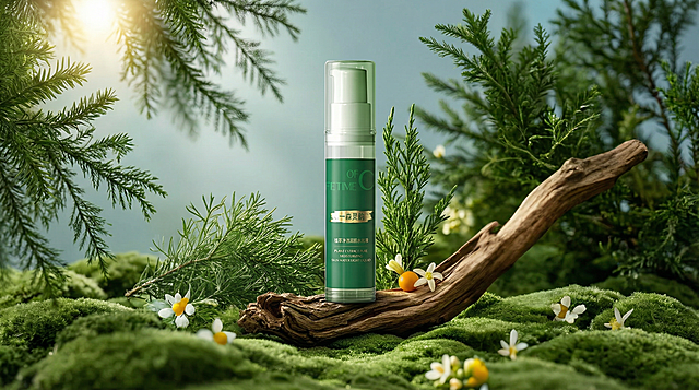 将图一（背景图）中的旧产品替换为图二的植萃净透润肌水光液，去掉图一底部所有文案，保持原图环境布局完全不变，仅替换主体。图二产品是绿色瓶身透明设计的护肤精华液，带有金色文字标识。精准匹配原场景透视角度，实现空间尺度物理融合，确保新产品严丝合缝地嵌入原位置。重置产品光影，增强光照一致性，赋予自然光影及真实接触阴影。产品色温亮度与环境完全协调，玻璃材质增加环境映射。消除视觉接缝，画面自然真实，保持原背景色调，强化商业摄影质感，生成2K高清大图。负向提示词：抠图白边,阴影方向错误,光影不匹配,透视错误,空间比例失调,巨物感,微缩模型感,悬空,违背物理常识,贴纸感,视觉接缝,边缘生硬,变形,扭曲,画面被裁剪,比例改变,背景被篡改