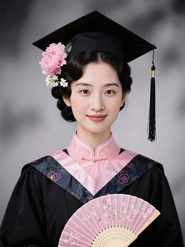 女生证件照，民国发型，穿黑色学士袍戴黑色学士帽，头发上戴粉色芍药花和白色小花，手执折扇，学士帽流苏，领口有粉色复古花纹，内衬是粉色旗袍，黑灰色朦胧背景，看镜头。
