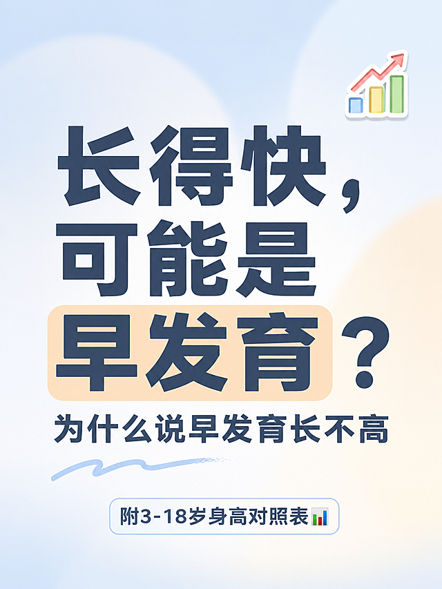 小红书笔记大字封面，纯大字，ins清新育儿风，版式精美，小红书笔记封面质感，适合信息流点击，文字占比适中不超过画面50%，避免广告感。主标题必须完整呈现且为画面视觉中心，逐字锁定：「长得快，可能是早发育？」。主标题字号占画面约 40% 视觉权重，清晰可读，不得增删改字。副标题：「为什么说早发育长不高」。装饰短句/角标：「附3-18岁身高对照表📊」。背景：柔和浅蓝+奶油白渐变弥散底，清新不刺眼，非高饱和红底。标题排版：采用纯大字 P07 弥散背景策略，深灰蓝色扁平粗黑体/sans（非3D立体、非金属渲染），关键词「早发育」加浅橙色柔和色块底高亮，整体文字量适中、留白充足。装饰：右上角 1 个小尺寸📈 图表emoji贴纸；左下角 1 条细手绘波浪下划线；禁止底部横排多个emoji，禁止文字铺满画面。整体氛围：育儿科普、温和提醒、清新自然，无医疗警示感，符合小红书社区友好调性。画质：高清细腻，浅底深字强对比，信息层级清晰，文字完整处于安全区内不可裁切，四周留充足安全边距和留白。画面比例 3:4，4K。