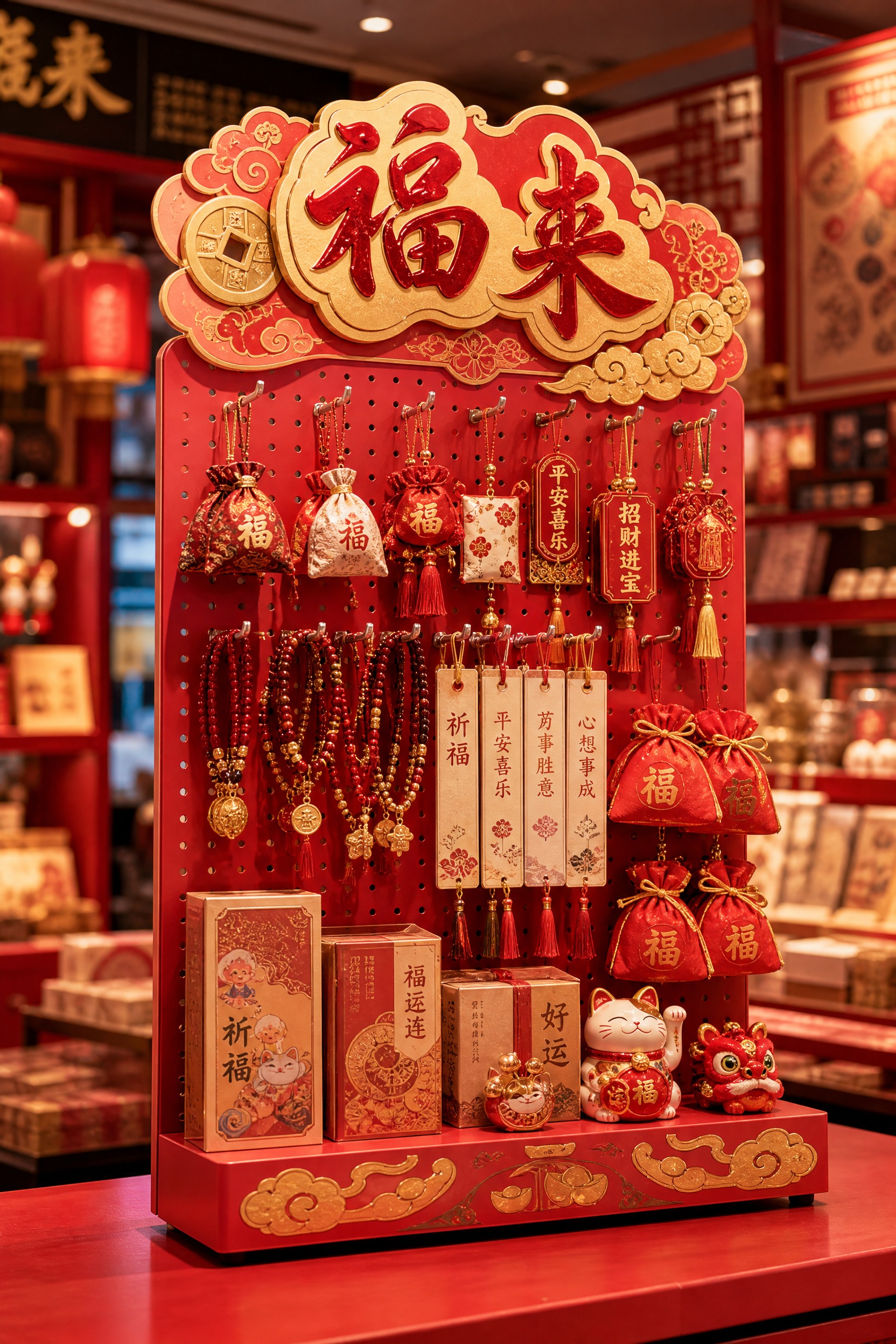 参考图片中的雪弗板洞洞板展示架形式，设计一个"福来"轻量化展示… - 图片创意预览