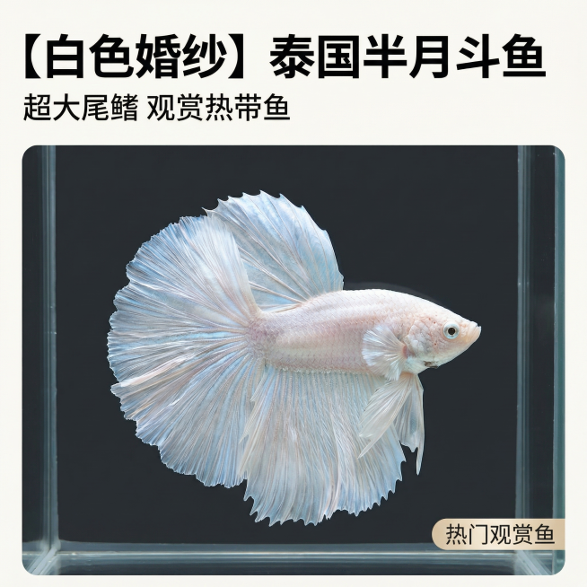[主图 1] 泰国斗鱼半月白色婚纱观赏鱼首图
[氛围风格] 高端水族观赏风格，干净高级，突出斗鱼飘逸优雅气质
[画面元素] 商业摄影质感、光线柔和通透、产品清晰真实、画面干净高级。主体泰国斗鱼完整居中预览效果