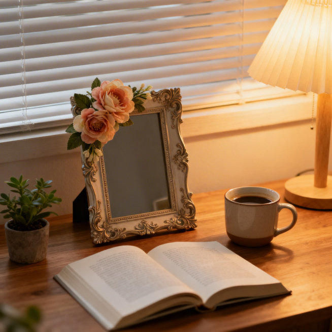 用仿真花头装饰好的精美相框摆放在原木色书桌上，搭配翻开的书籍、盛有咖啡的马克杯、小型桌面绿植，背景是百叶窗与暖光台灯，整体暖调光线柔和，营造出舒适治愈的文艺工作角氛围。预览效果