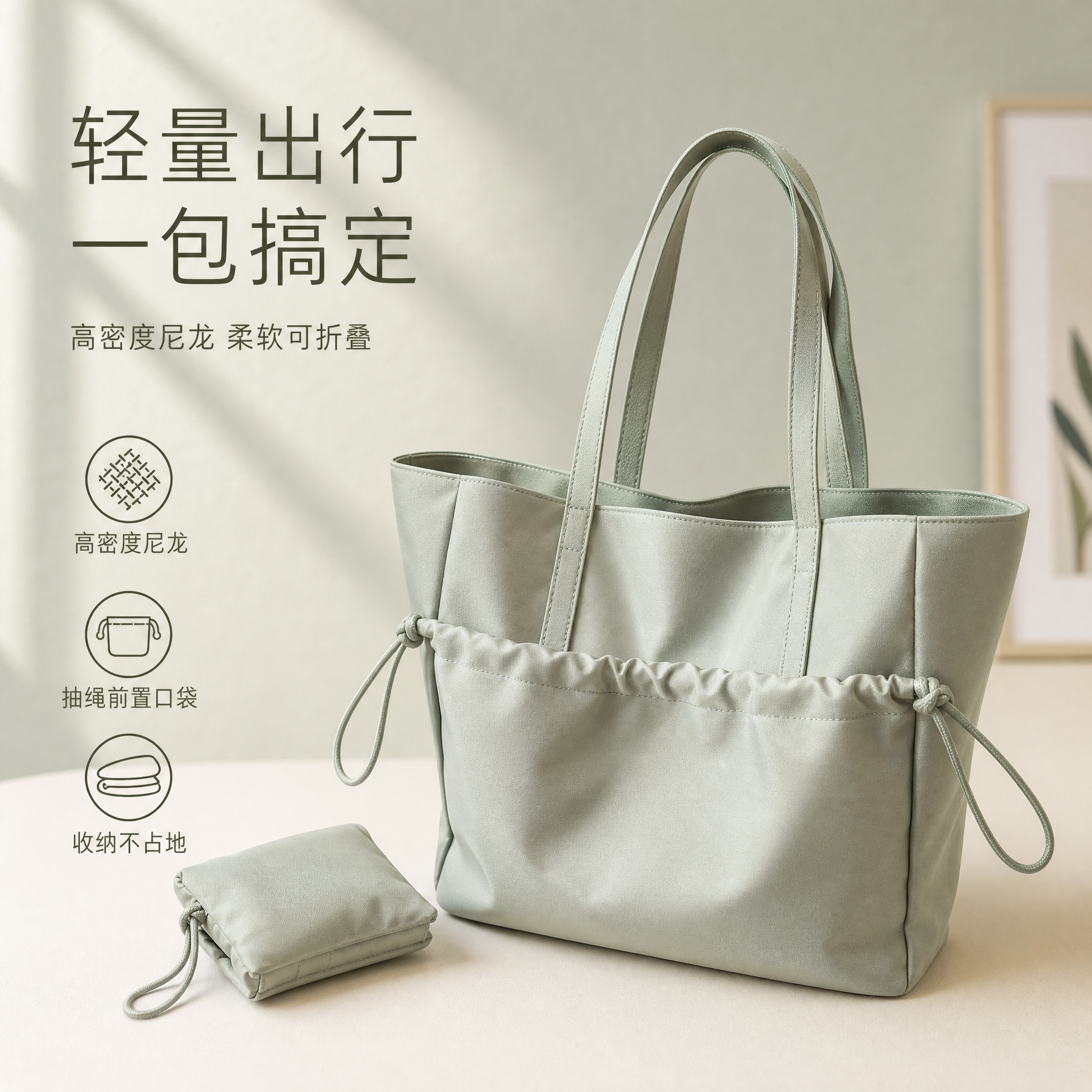 [单张主图] 浅灰绿色高密度尼龙托特包，高级氛围感路线，淘宝天… - 图片创意预览