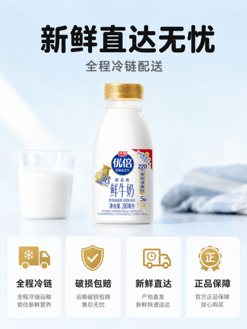 [第9屏] 售后保障屏。[氛围/风格] 真实实景拍摄风格，4K高清极简风，色彩柔和高级，字体图标清晰规整，无多余装饰，符合电商转化视觉逻辑。[元素布局] 浅蓝奶白渐变极简实景背景，规整排布全程冷链、破预览效果