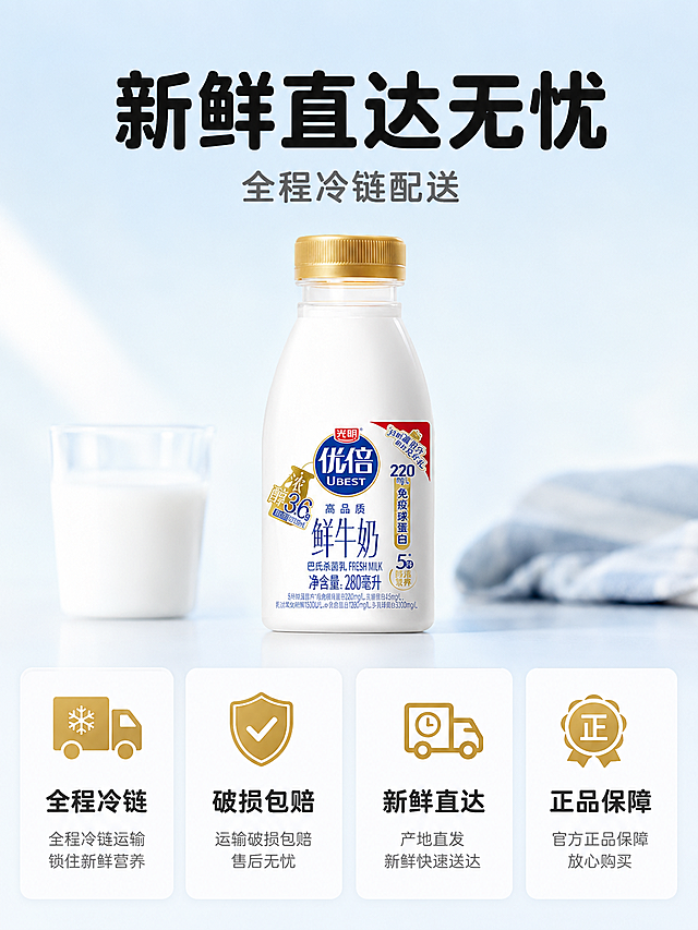 [第9屏] 售后保障屏。[氛围/风格] 真实实景拍摄风格，4K高清极简风，色彩柔和高级，字体图标清晰规整，无多余装饰，符合电商转化视觉逻辑。[元素布局] 浅蓝奶白渐变极简实景背景，规整排布全程冷链、破损包赔、新鲜直达、正品保障四大售后模块，每个模块搭配简约轻奢图标+文字组合排版，构图对称整洁，强化购买安全感。[光影质感] 均匀柔和光线，干净通透，模块排版清晰整齐。[配色色系] 全局底色：#F0F8FF（奶白浅蓝渐变）；主体配色：#FFFFFF（瓶身）+ #1A478E（标签蓝）+ #D4AF37（瓶盖金）；文字配色：主文案#111111（深黑），副文案#555555（浅黑）。[视角构图] 对称居中排版，四大模块整齐排布。[文字版式] 主文案"新鲜直达无忧"居中放大，字体粗黑圆角黑体，纯色填充，字号占画面宽度10%；副文案"全程冷链配送"在主文案下方居中，字体纤细圆角黑体，颜色浅一度，字号为主文案40%；字形为圆角黑体，全套仅使用这一种标题字形路线，字色仅使用深黑和浅黑两种，字效统一为纯色填充。每个售后模块图标+文字清晰排列，规整易读。[比例分辨率] 宽高比3:4，1080x1440，2k分辨率，文字清晰可辨，超高清。[负向提示词] 图标排列错乱，文字重叠，水印，背景杂乱，颜色偏差，文字模糊。