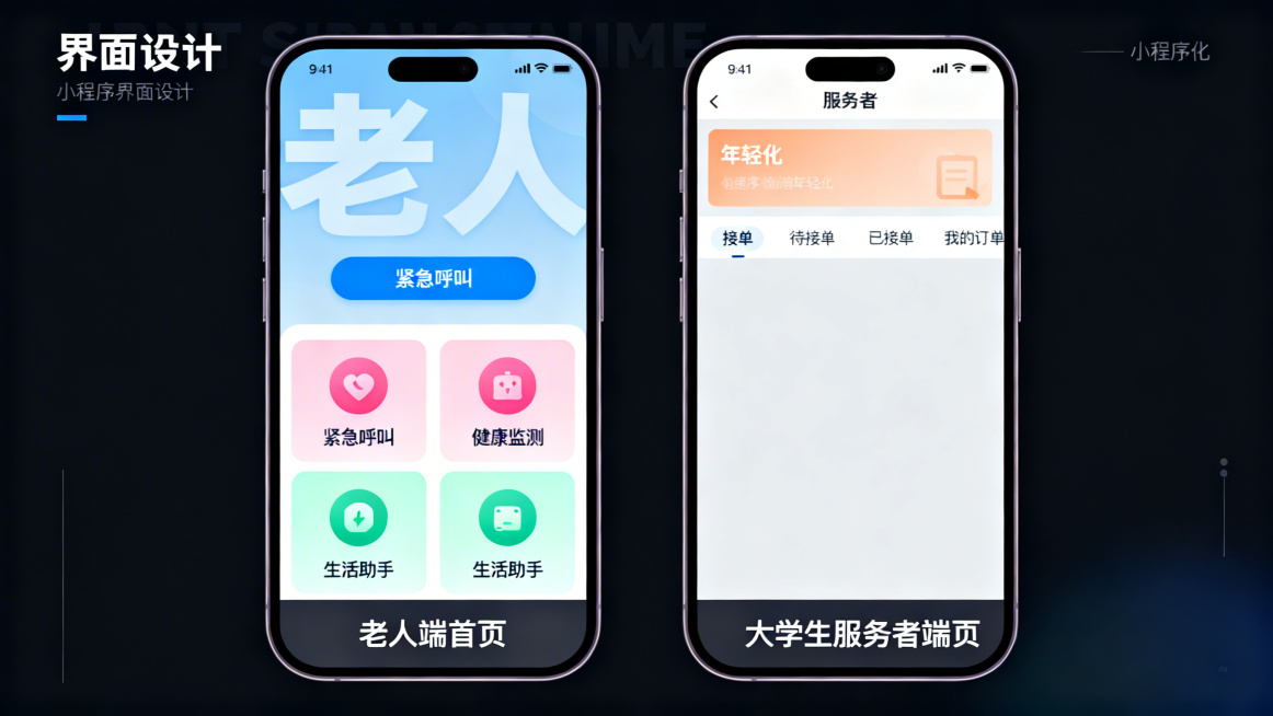 重新生成整套拾光智伴小程序界面，包含老人端首页和大学生服务者端首页同框展示，整体风格统一，老人端大字体浅色调突出核心功能按钮，服务端简洁年轻化突出接单核心板块，清晰展示差异化设计特点，适配小程序展示。预览效果