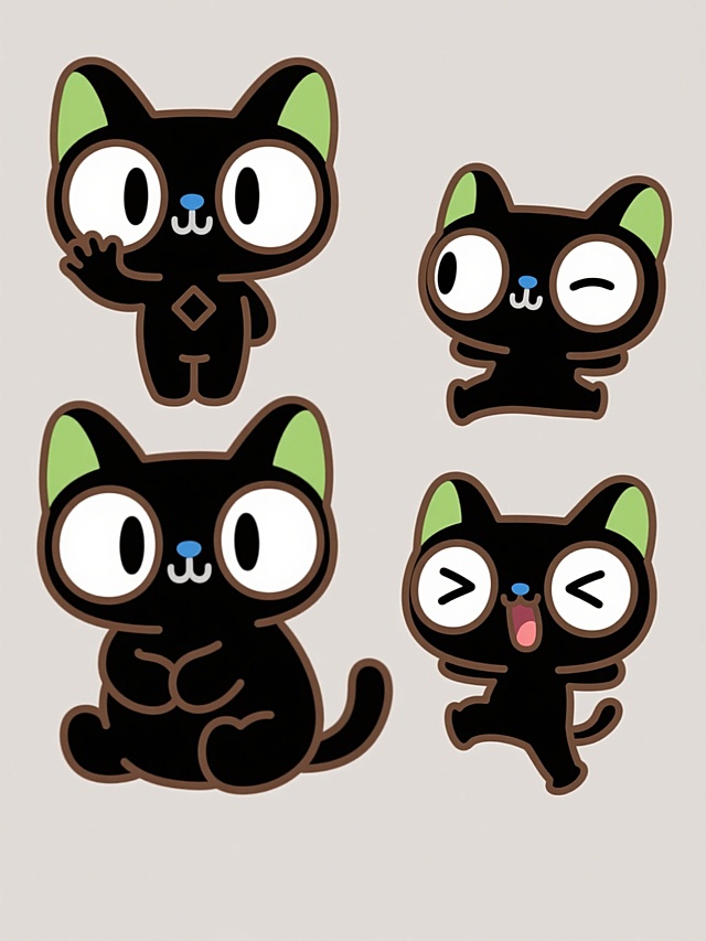 一组四个完全不同造型的罗小黑系列素材集合，每个罗小黑均保持原图像的Q版动漫风格，纯黑色身体，绿色内耳，白色大眼睛带棕色外轮廓，蓝色小鼻子和胸前菱形标记，棕色外描边线条，规整排布在纯色背景上，造型分别为：1.站立挥手，2.坐姿抱腿，3.趴着打哈欠，4.跳跃腾空，整体保持一致的可爱萌系氛围与简洁设计感。