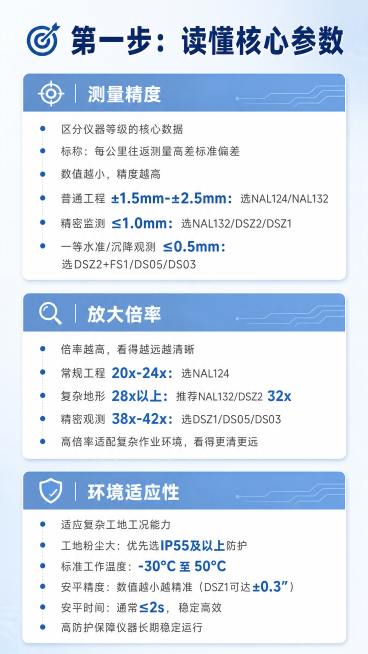 重新生成这两张详情也，内容为：
🎯 第一步：读懂核心参数
在挑选具体型号前，要先看懂这三个决定性能和价格的核心技术参数：
测量精度：这是区分仪器等级的灵魂数据，标称为“每公里往返测量高差标准偏差”，预览效果