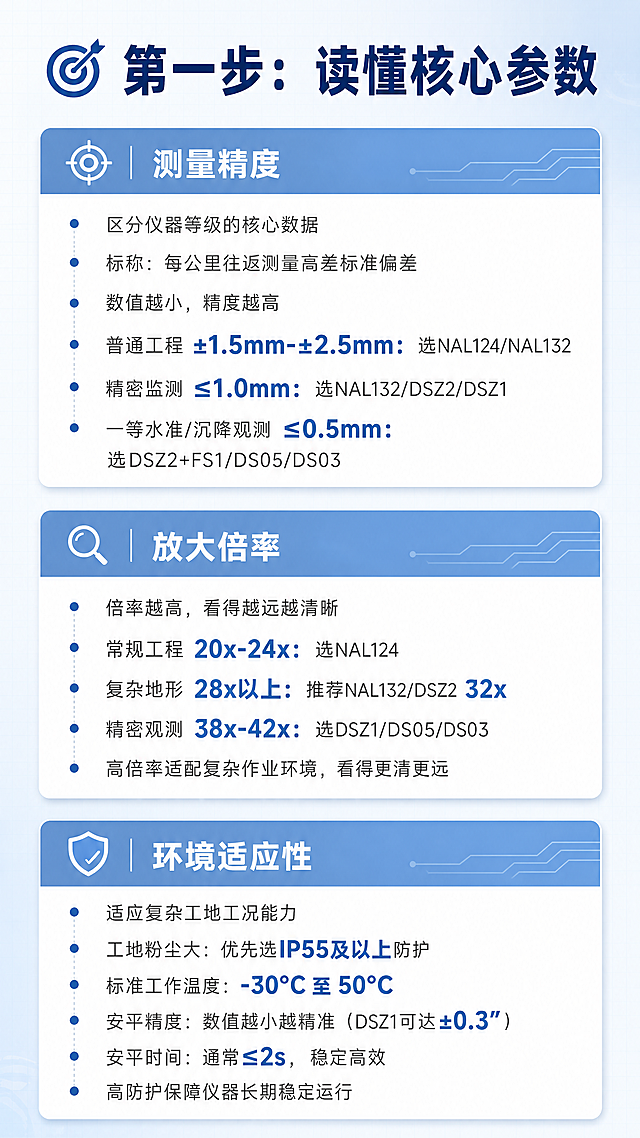 重新生成这两张详情也，内容为：
🎯 第一步：读懂核心参数
在挑选具体型号前，要先看懂这三个决定性能和价格的核心技术参数：
测量精度：这是区分仪器等级的灵魂数据，标称为“每公里往返测量高差标准偏差”，数值越小精度越高。
普通工程（如±1.5mm-±2.5mm）可选NAL124/NAL132系列，
精密监测（≤1.0mm）需NAL132/DSZ2/DSZ1等，
国家一等水准及沉降观测（≤0.5mm）则只有DSZ2+FS1测微器或DS05/DS03才能胜任。
放大倍率：倍率越高，看得越远越清楚。
常规工程（如20x-24x）可选NAL124，复杂地形推荐28x以上（如NAL132/DSZ2的32x），精密观测（如38x）需要选DSZ1/DS05或更高倍数（如42x）的DS03。
环境适应性：指仪器在复杂环境下的生存和运作能力。工地粉尘大，优先选择IP55及以上高防护等级；注意工作温度（标准为-30°C 至 50°C）；同时了解补偿器的安平精度（数值越小越精准，如DSZ1可达±0.3″）、补偿范围和安平时间（通常≤2s）决定了仪器的稳定性。

📊 第二步：精度等级与选型对照（以苏州一光为例）
这是选购的核心，以下是主流型号的精度与推荐场景，让你一目了然：
基础精度（±2.5mm - ±1.5mm）：适用场景为家庭装修、乡村道路建设、学校教学。推荐型号包括NAL124（±2.0mm）。
工程精度（±1.0mm - ±0.7mm）：适用场景为大型建筑施工、城市道路、铁路路基、小型水利工程。推荐型号包括NAL132（±1.0mm，32x）、DSZ2（±1mm，32x）DSZ1（≤±0.7mm，38x）。
精密水准（≤±0.5mm）：适用场景为国家二等水准测量、大型桥梁、建筑物沉降监测、精密设备安装。推荐型号为DSZ2+FS1/DS05（即DSZ2主机+测微器+铟钢尺，综合精度可达±0.5mm）。
高精度监测（≤±0.3mm）：适用场景为地壳形变监测、核电站沉降观测、一级科研测量，是测绘仪器中的“珠穆朗玛峰”。推荐型号为DS03精密水准仪（每公里往返测标准偏差可达0.3mm）。
生成两张详情页适配淘宝平台，单图比例为9：16