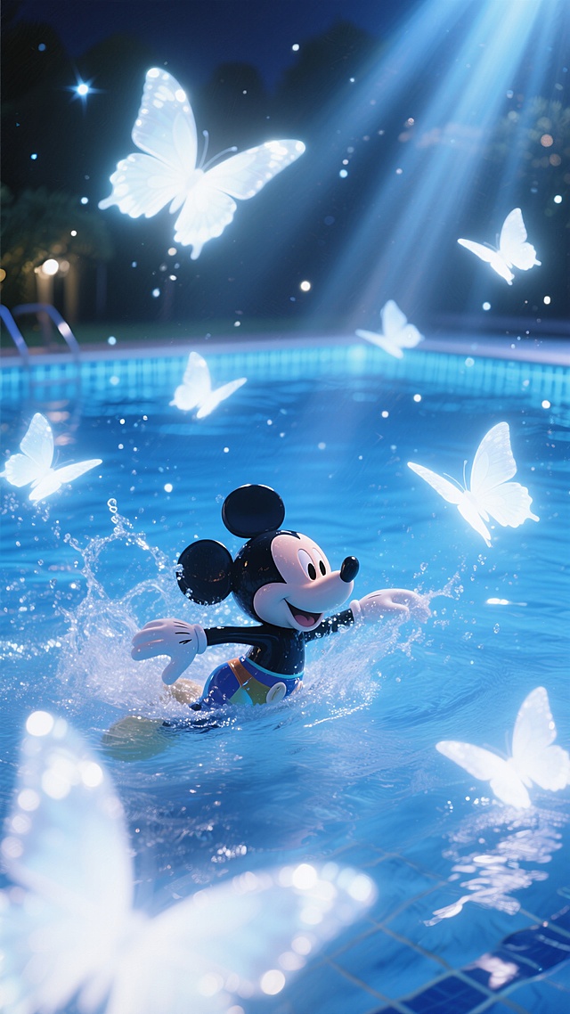 梦幻3D角色在泳池中嬉戏，蝴蝶环绕，光影交织，营造出童话般的卡通氛围。