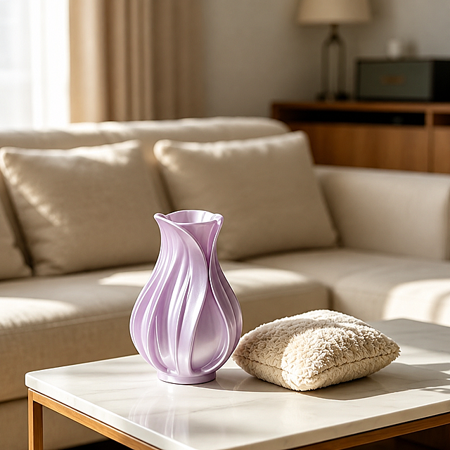 [主图-1] Abstract modern pleated vase living room display main image.
[Atmosphere style] Warm modern cream style home atmosphere, minimalist advanced sense.
[Image quality] Commercial photography texture, soft and transparent light, clear and real product, clean and advanced picture.
[Elements] The light purple pleated vase is placed in the center of the white marble coffee table, with a plush beige throw pillow next to it as a foil. The background is a light beige fabric sofa, with light-colored curtains and log furniture. The whole picture is full screen without border. Keep the appearance (physical structure, material texture, color) of the vase absolutely consistent with the input product picture, eliminate any deformation and color difference, and process it carefully. The product subject accounts for 65% of the picture strictly.
[Light and shadow] Side natural light after the window screen, soft light, warm color temperature, afternoon lazy feeling. The main light is soft window light, the auxiliary light is the reflection of the wall and ground, the light ratio is comfortable, the highlight does not overflow, the dark part has layers, and there is no cheap HDR.
[Color matching] Main color: light purple (vase), auxiliary color: beige (sofa/pillow), white (coffee table), log color (furniture).
[Perspective composition] Head-up perspective, shallow depth of field, product is the visual center, the outline is complete without cutting.
[Text layout] No text and logo, keep the picture simple and compliant.
[Proportional resolution] 1:1 ratio, 2K resolution, super high definition.
[Negative prompt] Deformation, watermark, text confusion, blurred product picture, messy background.