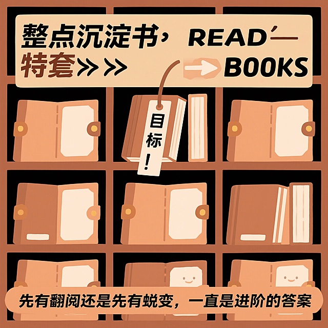 通用排版指令模板（三张共用）
【风格】复古搞怪扁平特异海报【排版】暖色调背景（每张对应主题色），5 列 3 行整齐网格布局；主体物品统一置于同款容器内；左侧 / 右上角加箭头 + 主题文字装饰；底部文案结合 “无厘头疑问 + 励志隐喻”；保留对称构图 + 高饱和色彩对比
系列海报 1：种子主题（隐喻 “成长突破”）
【主体】白色花盆装种子（共 15 盆），其中 1 盆冒出带嫩芽的小苗（特异细节）【装饰】左侧文字 “整点希望种”+ 箭头；右上角文字 “GROW—SEEDS”+ 箭头；背景色：浅绿【文案】“先有坚持还是先有成长，一直是破局的开始”
系列海报 2：灯泡主题（隐喻 “灵感觉醒”）
【主体】灰色灯座装未亮灯泡（共 15 个），其中 1 个灯泡亮起暖光（特异细节）【装饰】左侧文字 “整点灵感灯”+ 箭头；右上角文字 “SHINE—LIGHTS”+ 箭头；背景色：浅蓝【文案】“先有沉淀还是先有灵光，一直是发光的伏笔”
系列海报 3：书本主题（隐喻 “积累蜕变”）
【主体】棕色书套包装空白书本（共 15 本），其中 1 本露出写着 “目标” 的书签（特异细节）【装饰】左侧文字 “整点沉淀书”+ 箭头；右上角文字 “READ—BOOKS”+ 箭头；背景色：浅棕【文案】“先有翻阅还是先有蜕变，一直是进阶的答案”