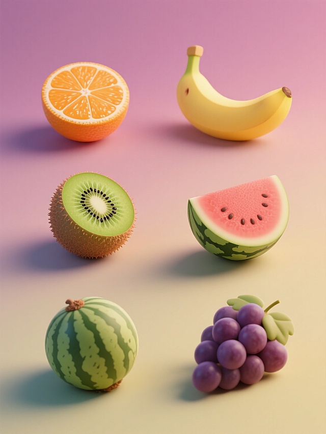 软3D风格水果系列素材集合，纯色背景，整体色彩变换，包含橙子、香蕉、猕猴桃、荔枝、西瓜、葡萄六个完全不同元素内容的水果，规整排布。每个水果都有细腻的表面纹理，如猕猴桃的绒毛感和内部绿色果肉与黑色种子的细节，光线柔和，阴影自然，营造出清新、立体的视觉效果，整体设计简洁大方，信息传达清晰，符合现代设计感。