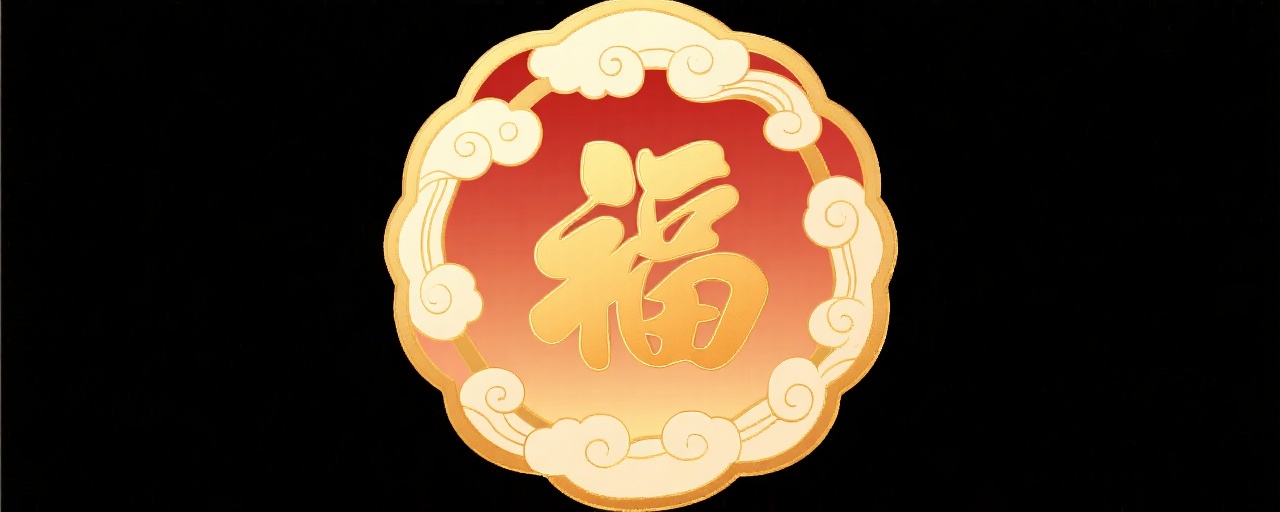 一个祥云纹环抱按钮，采用双层祥云边框，内填暖金渐变底色，中央有立体'福'字浮雕，整体风格古典喜庆，边缘有金色描边，背景透明预览效果
