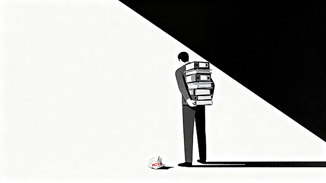 16:9 aspect ratio, minimalist flat illustration, diagonal composition with strong visual guiding lines, a single figure positioned at center-right standing with back to viewer, shoulders slouched under stacks of document folders piled on back and arms, one small red accent #CC3333 on a crumpled paper on the ground, pure white background with 65% negative space, minimalist flat character no facial details, black thick lines, geometric shapes, quiet suffocating atmosphere, no text no shadows no gradients