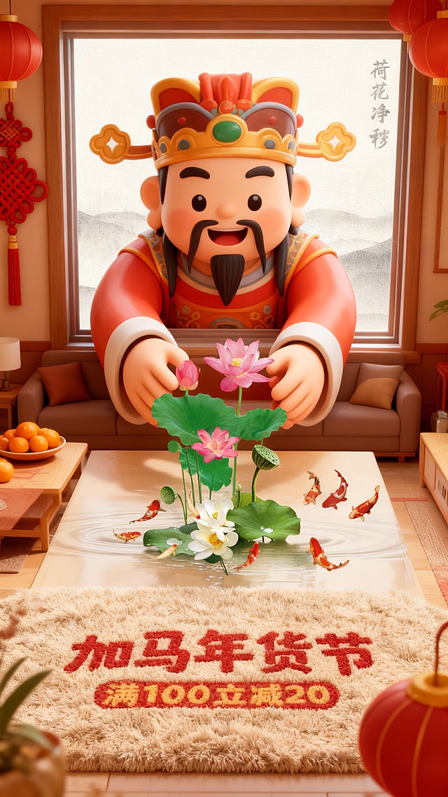 3d卡通风格，客厅景观。Q版巨大灶王爷（形象软萌）从窗户外探身进来，双手把图中主体放在客厅桌上（桌面摆放橘子、果盘），客厅装饰中国结、灯笼元素，暖色调喜庆氛围，画面底部毛绒地毯上绣着“加马年货节”“满100立减20”，轻微俯拍视角。