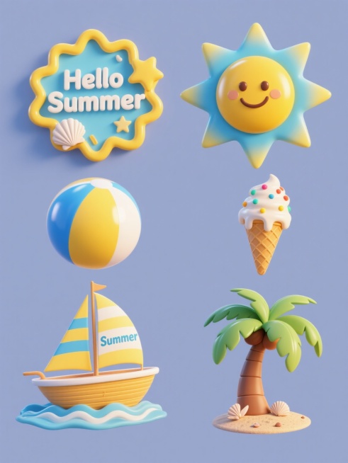 六个不同造型的立体风格summer元素系列素材集合，规整排布在纯色背景上，每个元素都采用明亮的黄色和蓝色渐变色调，具有光滑的3D质感和轻微的阴影效果，整体呈现欢快活泼的氛围。第一个是波浪形边框环绕的"Hello Summer"立体文字，搭配贝壳和星星装饰；第二个是立体太阳造型，放射状光芒采用蓝黄渐变，中心有笑脸；第三个是立体冰淇淋甜筒，顶部有融化的奶油效果，点缀彩色糖粒；第四个是立体沙滩球，带……预览效果