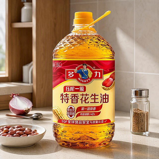 超写实商品摄影。
主体：花生油桶严格参照上传产品图，完整保留所有可见组件、部件、轮廓、结构、比例、材质、颜色与产品本体上的文字信息（logo/型号/规格/参数/浮雕/刻度等），与上传图完全一致；自然融入场景光影，与场景共处同一物理空间。产品占画面约55%，完整不裁切，中景构图，背景无其他同类食用油产品。
构图：黄金分割，微侧10°平视。
风格：温馨居家烟火气。
场景：现代家庭厨房台面，清晨自然光。
空间：①后方，浅灰色哑光瓷砖墙面；②台面，米白色石英石台面；③左侧，原木色整体橱柜一角。
陈设：①油桶右侧，一只透明玻璃调味瓶盛有浅棕色香料；②油桶左前方，一小碟带红衣的新鲜花生米；③后方远处，半颗切开的红皮洋葱与一把不锈钢小勺。
配色/材质：米白/胡桃棕/浅灰/花生红；石英石/实木/玻璃/不锈钢/陶瓷。
光影：主光从左上方窗户斜入45°，照亮油桶正面标签与桶身金色油液；辅光为右侧墙面暖色反射，桶身塑料有细腻高光，台面有柔和投影。
参数：4K写实光追。严格锁定宽高比为1:1。