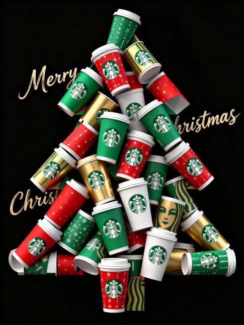 星巴克咖啡的杯子做圣诞树，手写体艺术字“Merry Christmas”预览效果