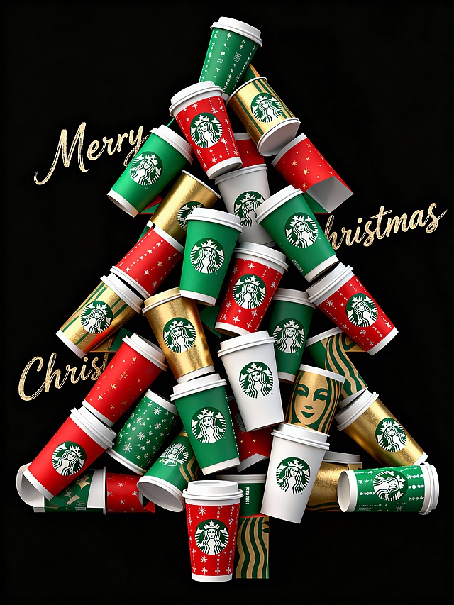 星巴克咖啡的杯子做圣诞树，手写体艺术字“Merry Christmas”