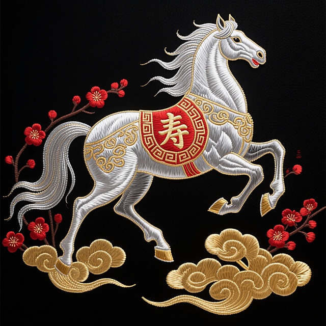主体是银色奔马（马身饰 “寿” 字纹样和回纹金纹，鬃尾呈轻盈飘逸质感，蹄下踩金色祥云），色调以红、金为主，风格华贵喜庆。背景是纯黑色，点缀银色光丝与红色梅花瓣，兼具典雅与灵动。