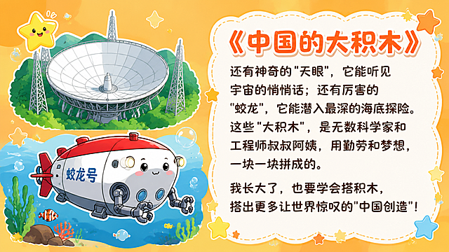 幼儿园朗诵课PPT第二页，童真有趣的卡通风格，明亮温暖的色彩，画面左侧有可爱的卡通天眼、蛟龙号潜水器的简笔画插图，右侧是诗歌文字，标题为《中国的大积木》，正文内容："还有神奇的"天眼"，它能听见宇宙的悄悄话；还有厉害的"蛟龙"，它能潜入最深的海底探险。这些"大积木"，是无数科学家和工程师叔叔阿姨，用勤劳和梦想，一块一块拼成的。我长大了，也要学会搭积木，搭出更多让世界惊叹的"中国创造"！"，文字大而清晰，适合幼儿园大班孩子阅读，背景是柔和的橙黄色渐变，有星星和小气泡装饰，整体画面活泼可爱，充满童趣，横版PPT比例，与第一页风格统一