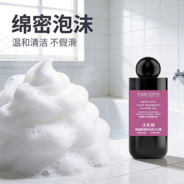[主图-3] 法伯顿氨基酸沐浴露质地展示，沐浴露瓶身放置在画面右侧，保持产品外观包装与原图一致不变形。画面左侧微距特写绵密细腻的泡沫，呈现慕斯质感，泡沫蓬松丰盈，细腻绵密，突出沐浴露使用感受。背景为干净浅白色瓷砖浴室场景，带有轻微水雾氛围感，柔和自然窗光。超写实商业摄影，清晰真实，光影通透。主色调浅白搭配产品粉紫，干净清爽。文字版式：左侧泡沫上方标注大字“绵密泡沫”，深灰色粗体；下方小字“温和清洁 不假滑”，浅灰色，清晰不遮挡主体。1:1比例，4k分辨率，超高清。负向提示词：变形，水印，文字错乱，产品模糊，背景杂乱。