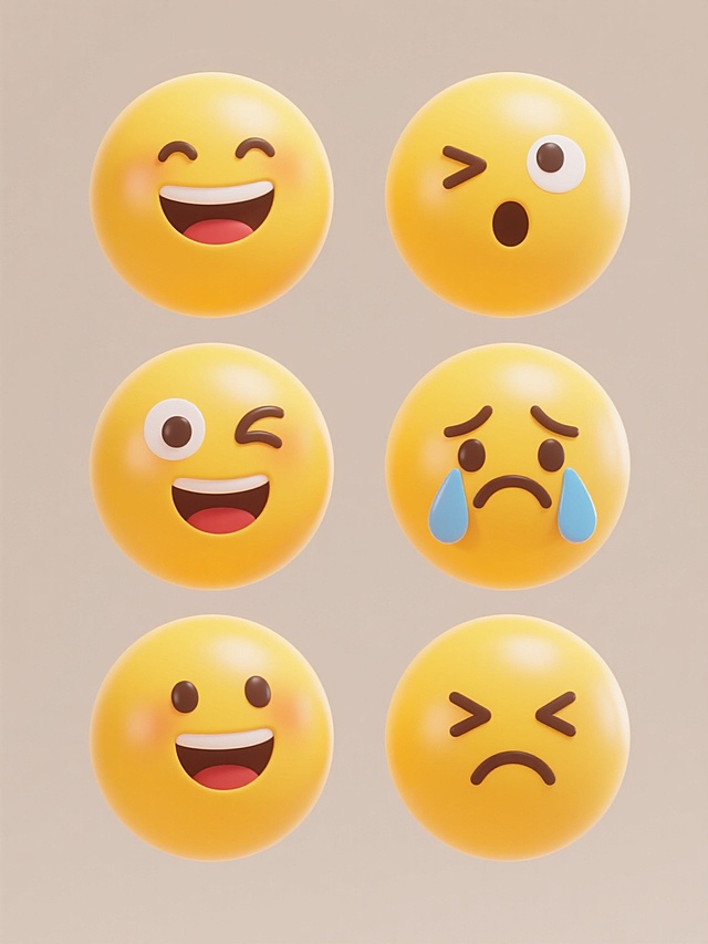 一组6个不同表情的3D卡通黄色圆形emoji表情图标，保持相同的圆润光滑3D质感、明亮黄色渐变色调、温暖柔和光影效果和简约可爱风格，包含微笑、眨眼、惊讶、害羞、难过、生气表情，每个表情都有对应的生动面部特征细节，规整排列在纯色背景上，无文字和二维码