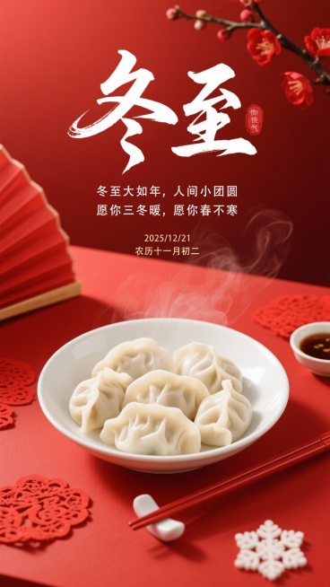生成4张冬至海报，比例9:16。采用近景聚焦 + 喜庆国风的视角：画面主体是白瓷圆盘，盛着褶皱纹理清晰的白色饺子，冒着朦胧白汽，碗旁配同色红瓷筷子与小碟蘸料；背景元素：正红色渐变底色，左边红色桌面点缀预览效果