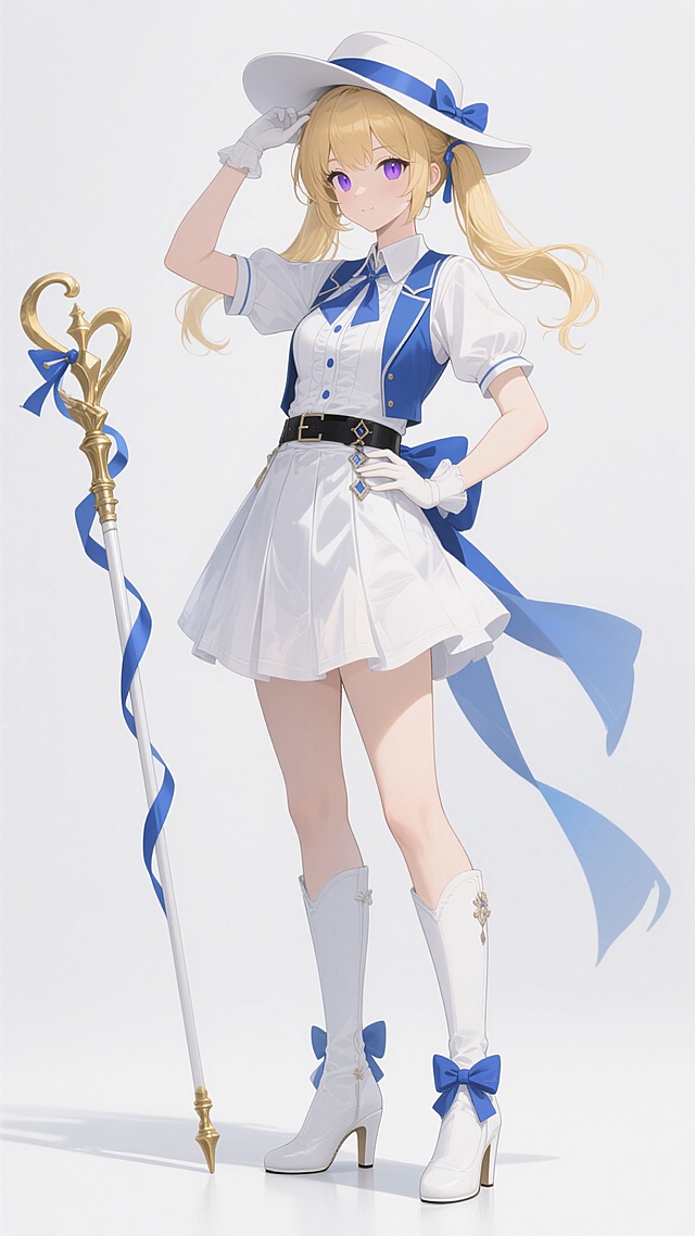 二次元动漫风格立绘，白色背景，金发双马尾的少女角色，头戴带有蓝色装饰的白色宽檐帽，紫色眼眸，身着白色为主、蓝色点缀的欧式学院风服装，包括白色短袖上衣、蓝色马甲、白色短裙，腰间有黑色腰带和装饰，脚穿白色高跟长靴并系有蓝色蝴蝶结，手持顶端有金色装饰的长杖，长杖上缠绕蓝色飘带，角色变换为一手叉腰、另一手轻轻扶帽檐的优雅站姿，保持原有的精致五官、柔和光影、清晰的线条轮廓、细腻的服饰褶皱与飘带动态感，整体画面干净简洁，突出角色主体。