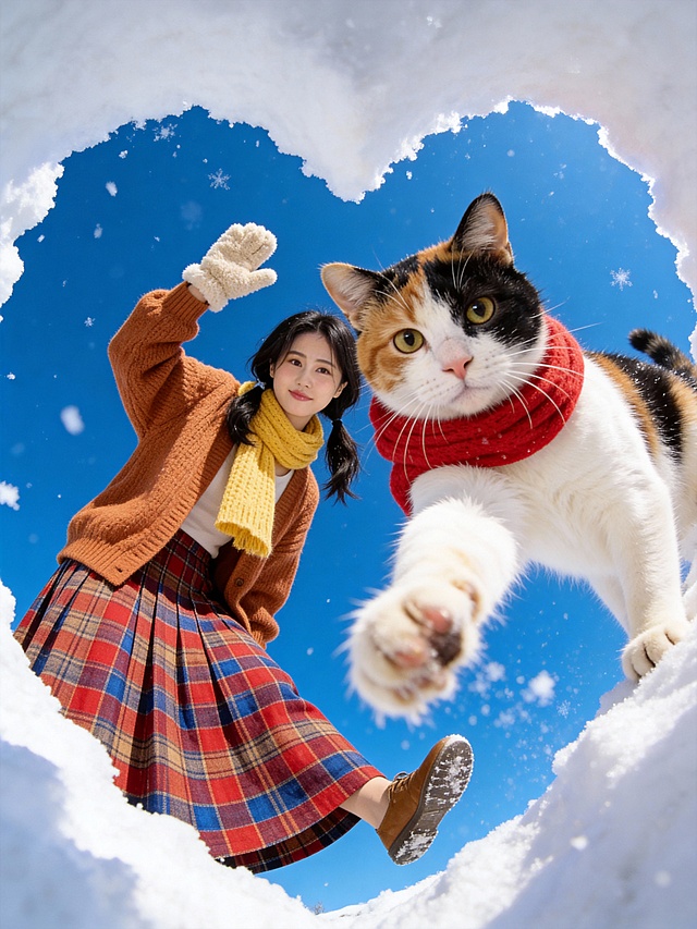极端的仰拍视角拍摄，以蓬松洁白的雪层挖空成的小心形框架为前景，从挖空的爱心学层从下往上的角度拍摄到外面的人和猫，背景是高饱和度的纯净蓝天，同时添加动态飘落的细碎雪花，女孩和猫咪头靠头：右边猫咪戴红色围脖，身体前倾，用爪子伸向镜头；左边女生穿宽松版型焦糖色针织开衫，内搭基础款打底衫，搭配鹅黄色针织围巾；红棕蓝撞色格纹中长款半身裙（面料垂顺，格纹复古）。她侧身站着，回头看镜头，左脚向上翘起，左手戴米色毛绒手套并向上扬起，自然的微笑。画面采用极具冲击力的超广角鱼眼镜头自拍视角，整体光影为自然日光，色彩鲜艳，8K超高清画质。高饱和色彩，网红打卡感，营造冬日户外鲜活氛围感。
