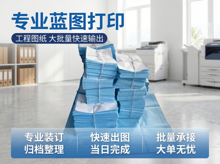 [主图 1] 专业工程蓝图打印服务首图
[氛围/风格] 专业商务印刷服务风格，清爽明亮，专业靠谱氛围。
[画面元素] 商业摄影质感，光线柔和通透，产品清晰真实，画面干净高级。成堆的蓝色工程蓝图整齐堆放预览效果