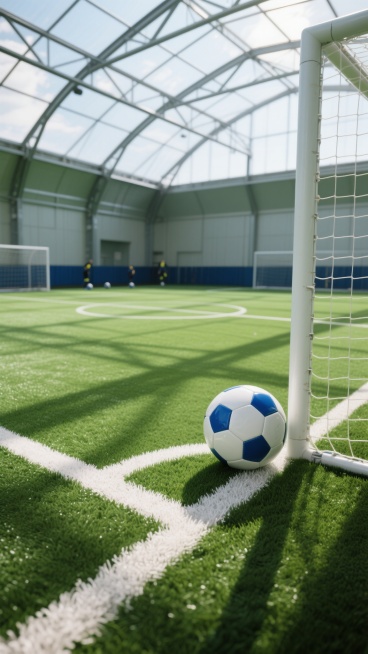 写实风格的足球场景，专业室内足球训练场，绿色人造草坪纹理清晰，白色边界线规整，蓝白相间的足球置于角落边界线上，顶部是透明顶棚结构，金属框架支撑，自然光透过顶棚洒下形成明亮光影，地面有足球和顶棚结构的清晰阴影，整体氛围专业、整洁、充满运动感，可从不同角度展示足球在训练场的不同位置，如中场区域、球门前、边线处，或加入球员训练的动态背景、不同天气光线条件下的场地景象，保持相同的写实质感、光影效果和色……预览效果