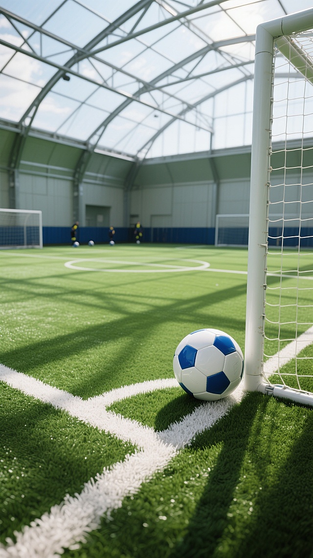 写实风格的足球场景，专业室内足球训练场，绿色人造草坪纹理清晰，白色边界线规整，蓝白相间的足球置于角落边界线上，顶部是透明顶棚结构，金属框架支撑，自然光透过顶棚洒下形成明亮光影，地面有足球和顶棚结构的清晰阴影，整体氛围专业、整洁、充满运动感，可从不同角度展示足球在训练场的不同位置，如中场区域、球门前、边线处，或加入球员训练的动态背景、不同天气光线条件下的场地景象，保持相同的写实质感、光影效果和色彩基调。