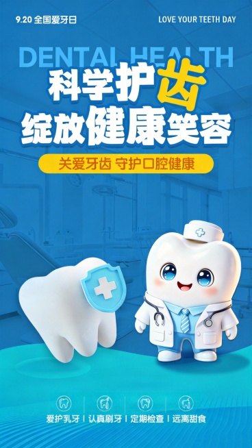 参考第一张图主视觉风格：蓝色背景、牙齿护士IP、带十字盾牌牙齿元素，文字为“科学护齿 绽放健康笑容 关爱牙齿 守护口腔健康”和“9.20全国爱牙日”，版式整齐，整体风格和第一张主视觉一致，生成一张竖版预览效果