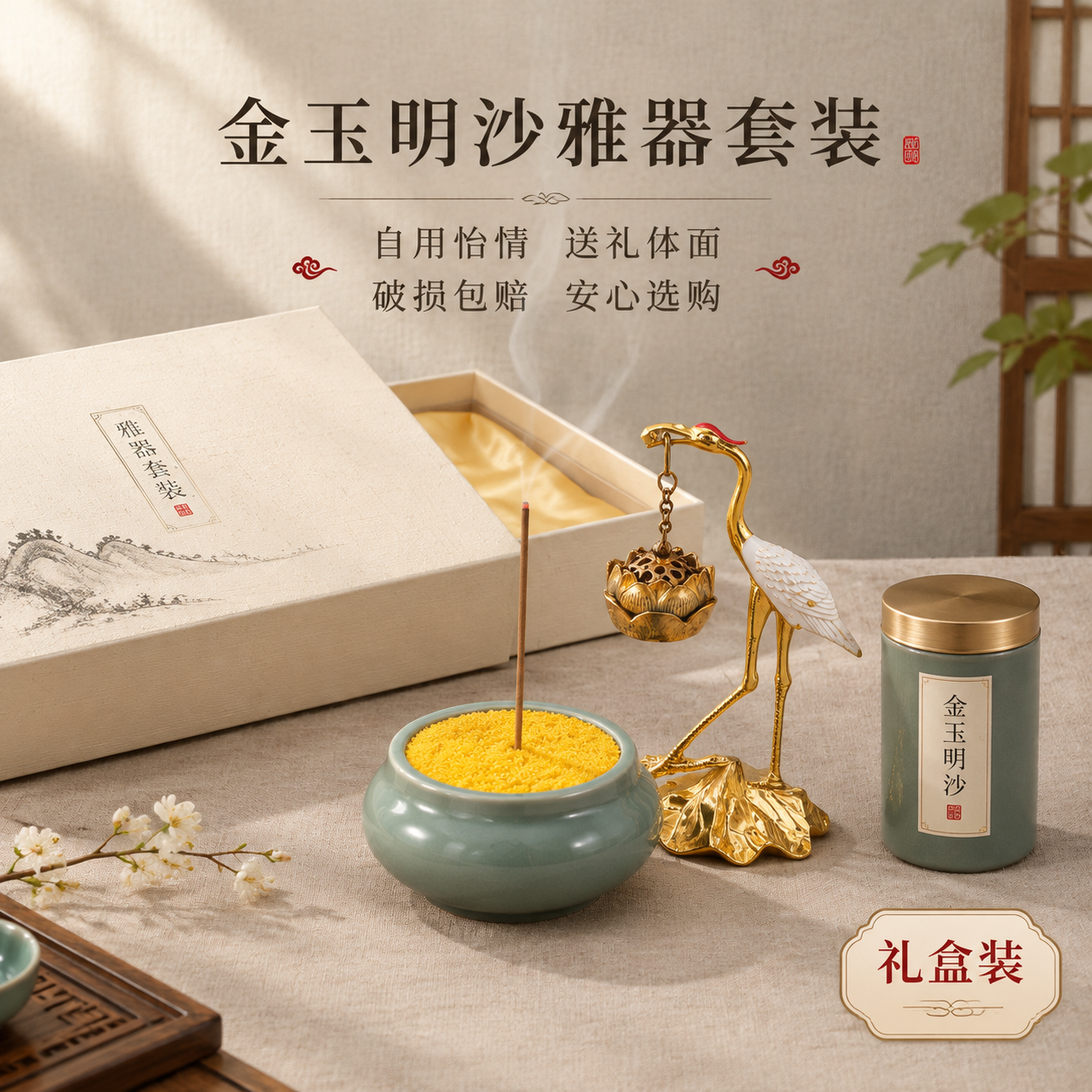 [主图-5] 套装组合与送礼场景展示，突出金玉明沙配青瓷仙鹤香… - 图片创意预览